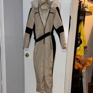 Beige and Black Women's Ski One-Piece Jacket with Faux Fur Hood